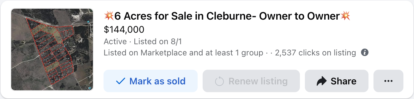 6 Acres for Sale in Cleburne Marketplace listing